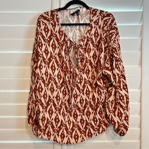 Eloquii Abstract Print Tie Neck Blouse Burgundy Blush Pink Size 16